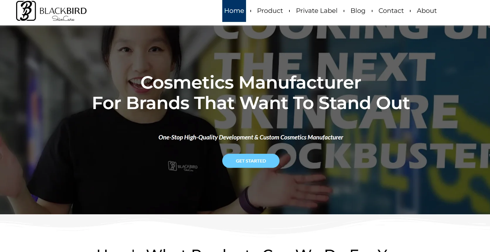Website landing page showcasing a cosmetics manufacturer, featuring text promoting custom services for brands, with a blurred individual.
